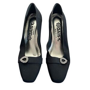 Daisy Black Satin Pumps w/ Rhinestone-Embellished Brooch Closed Round Toe Heels